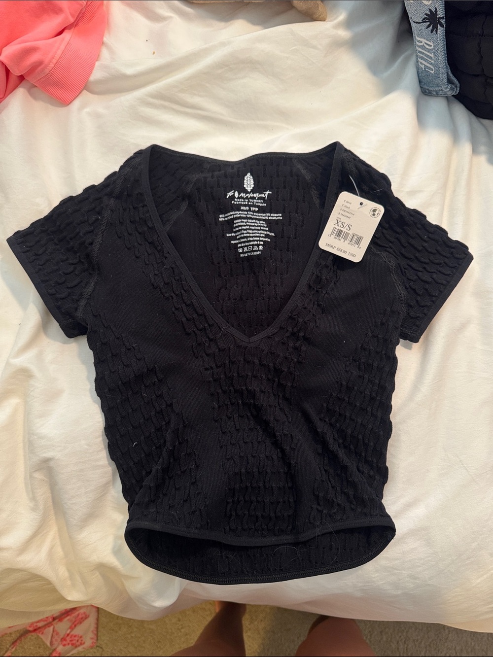 Free People Black Textured V-Neck Crop Top